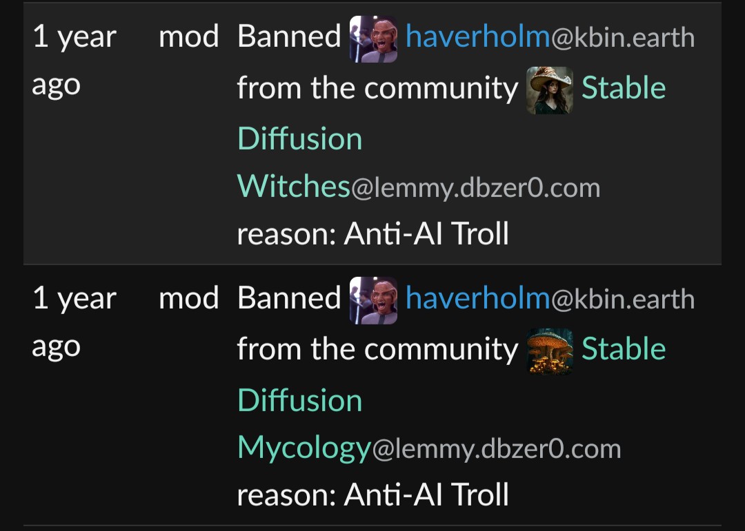 Excerpt from moderation history that shows I've been banned from two genAI communities on lemmy.dbzer0.com. "Reason: Anti-AI Troll"