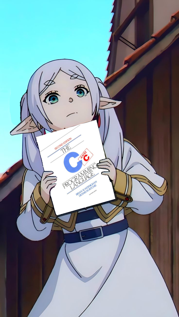 Frieren holding a copy of The C Programming Language